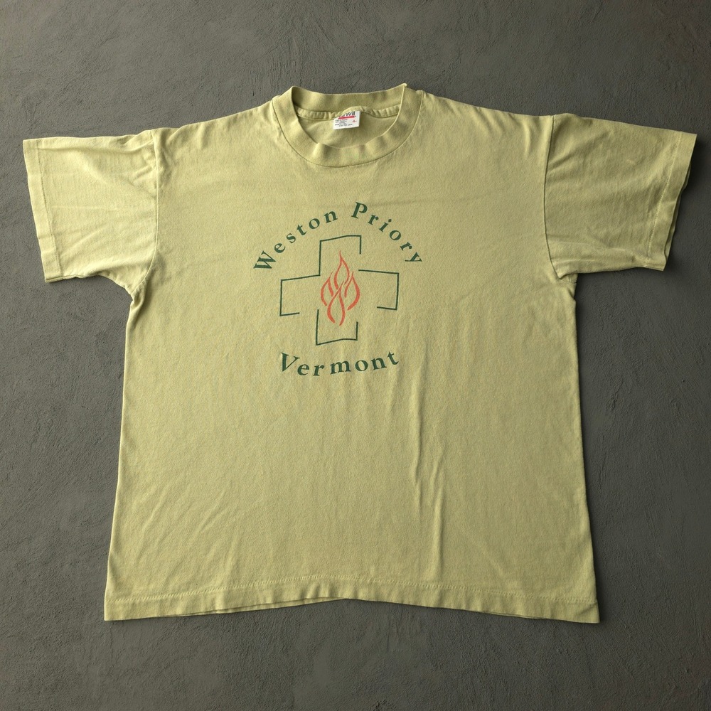Vintage 90s Anvil Yellow Weston Priory Vermont T-shirt Large Religious Graphic